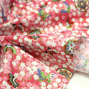 Tissu cotonnade motif japonais fleurs de cerisier, papillons et médaillons dorés, trois couleurs - COLLECTION JAPON DORÉ - TissusPapi.com