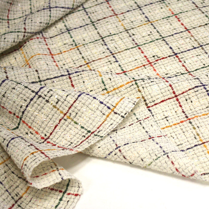 Tissu tweed écru, aux fils multicolores bleu rouge jaune vert - Fabrication française