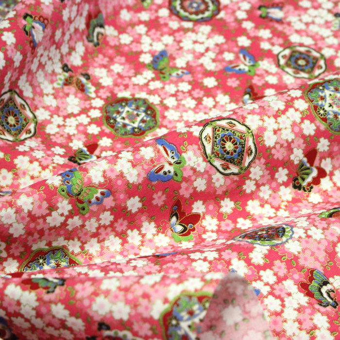 Tissu cotonnade motif japonais fleurs de cerisier, papillons et médaillons dorés, trois couleurs - COLLECTION JAPON DORÉ - TissusPapi.com