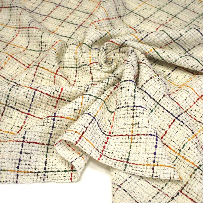 Tissu tweed écru, aux fils multicolores bleu rouge jaune vert - Fabrication française