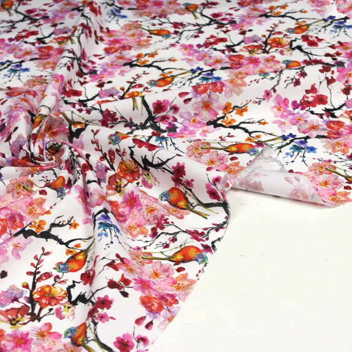 Tissu popeline de coton motif jardin japonais GUNMA MOYEN aux oiseaux et fleurs de cerisier