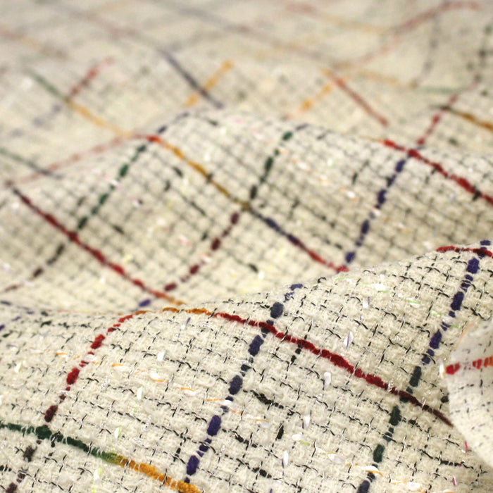 Tissu tweed écru, aux fils multicolores bleu rouge jaune vert - Fabrication française