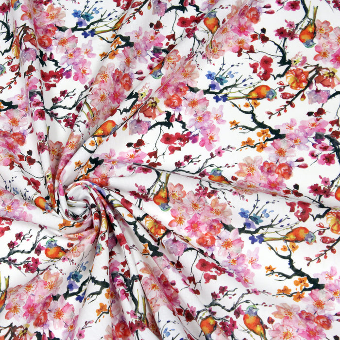 Tissu popeline de coton motif jardin japonais GUNMA PETIT aux oiseaux et fleurs de cerisier