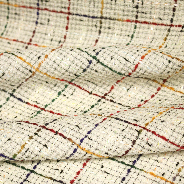 Tissu tweed écru, aux fils multicolores bleu rouge jaune vert - Fabrication française