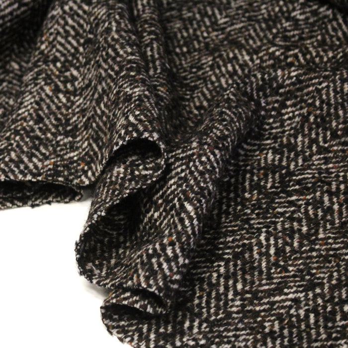 Tissu tweed laine, chevrons marrons & écrus, touches noires et ocres - Fabrication française