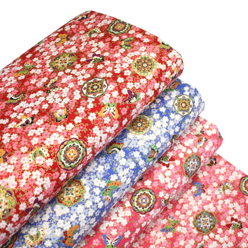 Tissu cotonnade motif japonais fleurs de cerisier, papillons et médaillons dorés, trois couleurs - COLLECTION JAPON DORÉ - TissusPapi.com