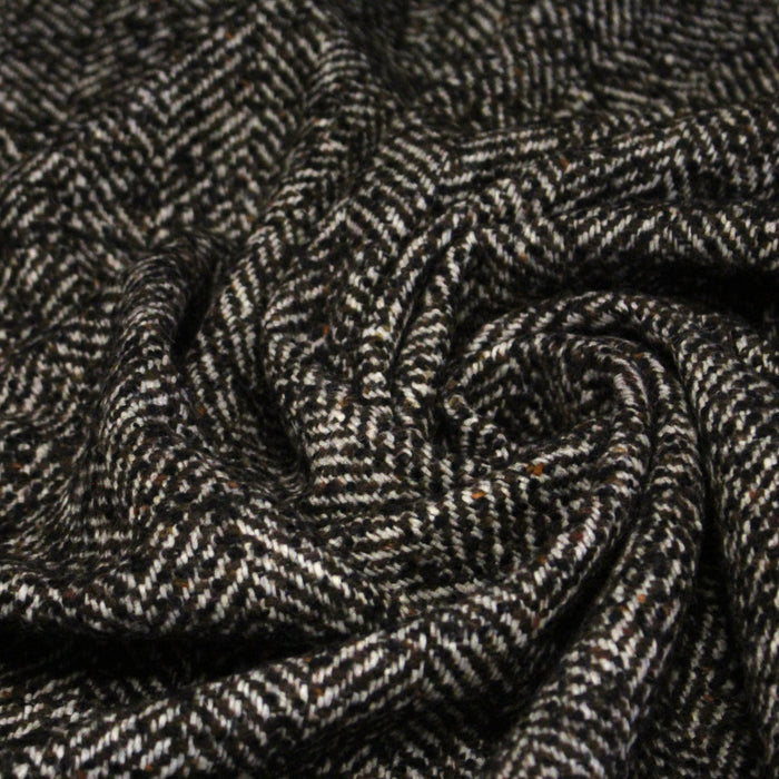 Tissu tweed laine, chevrons marrons & écrus, touches noires et ocres - Fabrication française