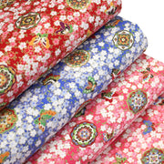 Tissu cotonnade motif japonais fleurs de cerisier, papillons et médaillons dorés, trois couleurs - COLLECTION JAPON DORÉ - TissusPapi.com