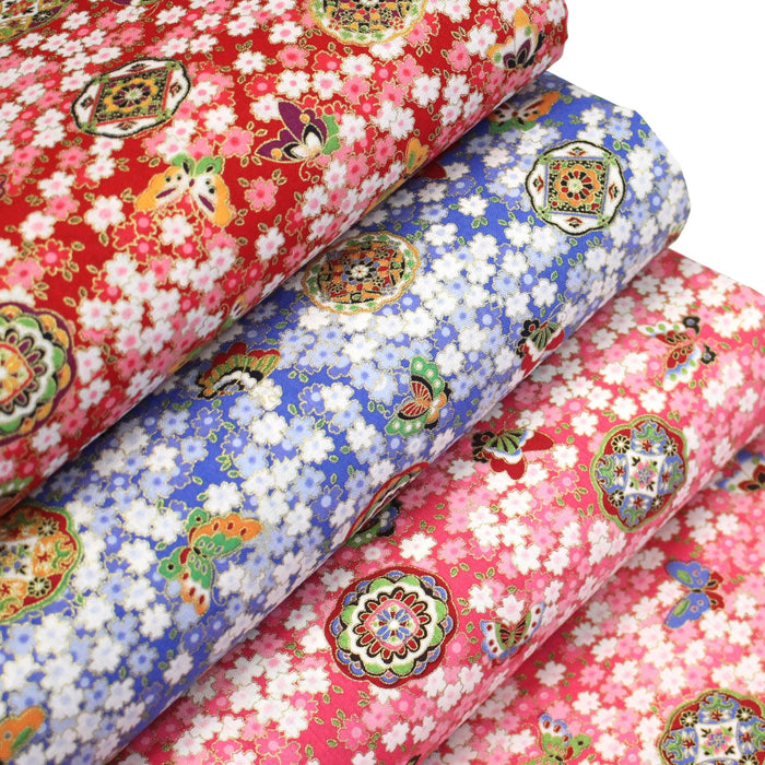Tissu cotonnade motif japonais fleurs de cerisier, papillons et médaillons dorés, trois couleurs - COLLECTION JAPON DORÉ - TissusPapi.com