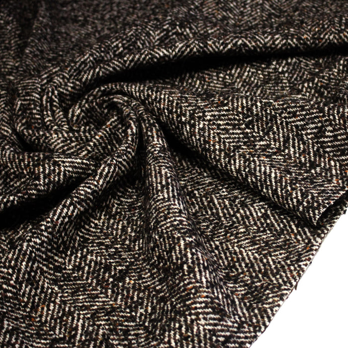 Tissu tweed laine, chevrons marrons & écrus, touches noires et ocres - Fabrication française