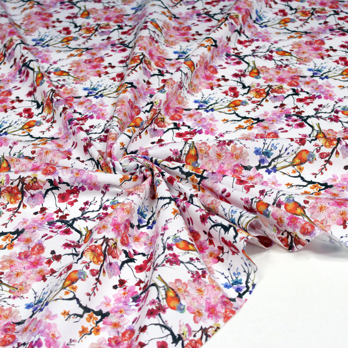 Tissu popeline de coton motif jardin japonais GUNMA PETIT aux oiseaux et fleurs de cerisier