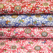 Tissu cotonnade motif japonais fleurs de cerisier, papillons et médaillons dorés, trois couleurs - COLLECTION JAPON DORÉ - TissusPapi.com