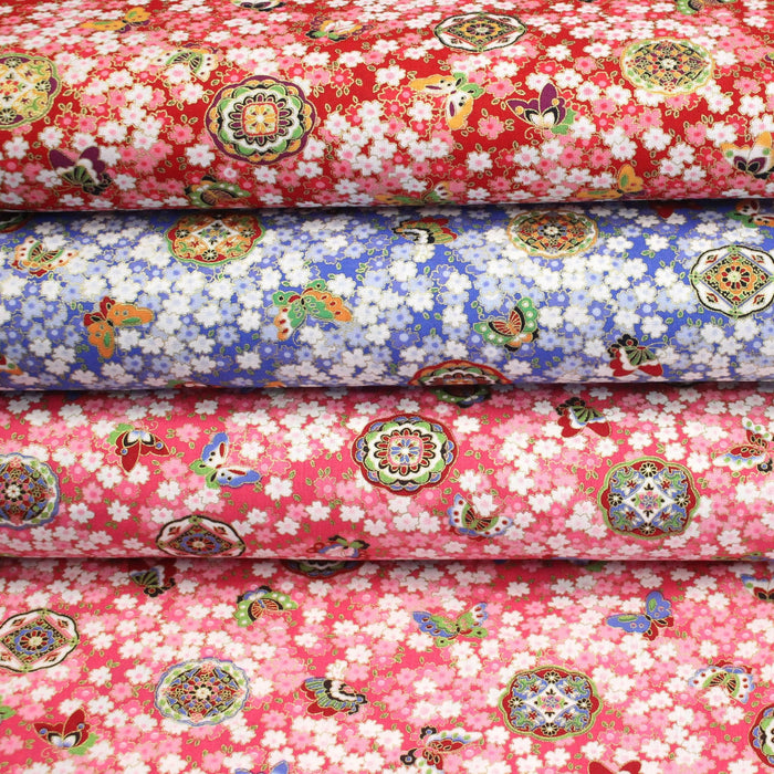 Tissu cotonnade motif japonais fleurs de cerisier, papillons et médaillons dorés, trois couleurs - COLLECTION JAPON DORÉ - TissusPapi.com