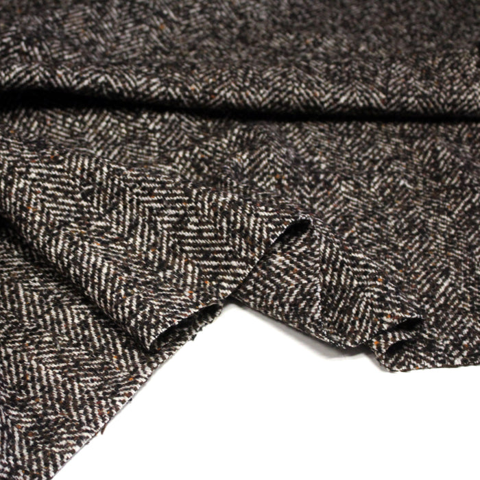 Tissu tweed laine, chevrons marrons & écrus, touches noires et ocres - Fabrication française