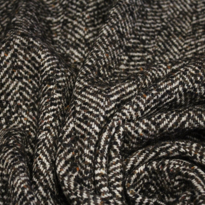 Tissu tweed laine, chevrons marrons & écrus, touches noires et ocres - Fabrication française