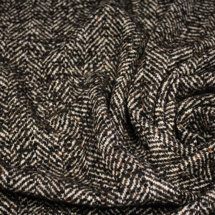 Tissu tweed laine, chevrons marrons & écrus, touches noires et ocres - Fabrication française