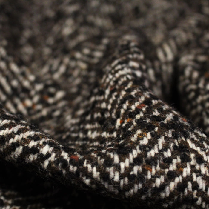 Tissu tweed laine, chevrons marrons & écrus, touches noires et ocres - Fabrication française