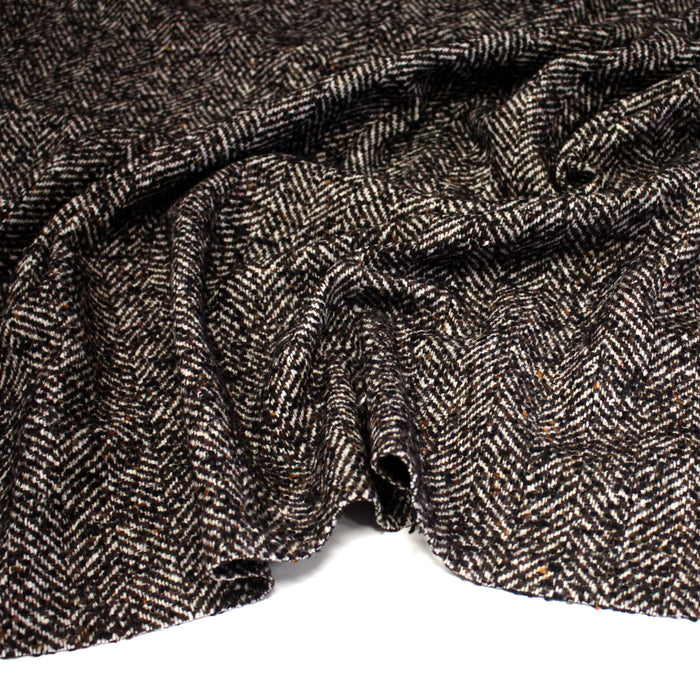 Tissu tweed laine, chevrons marrons & écrus, touches noires et ocres - Fabrication française