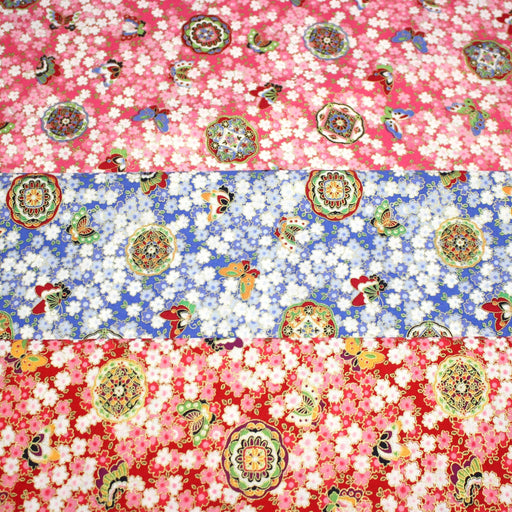 Tissu cotonnade motif japonais fleurs de cerisier, papillons et médaillons dorés, trois couleurs - COLLECTION JAPON DORÉ - TissusPapi.com
