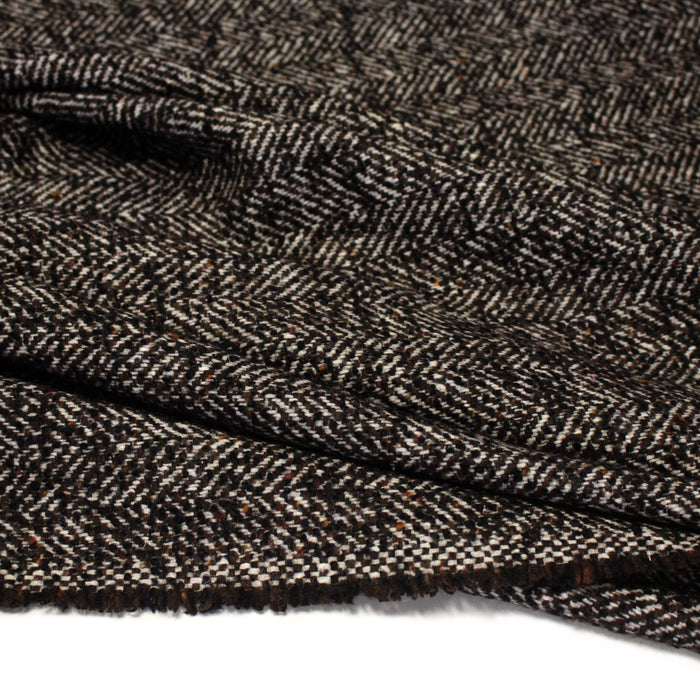 Tissu tweed laine, chevrons marrons & écrus, touches noires et ocres - Fabrication française