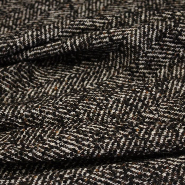 Tissu tweed laine, chevrons marrons & écrus, touches noires et ocres - Fabrication française