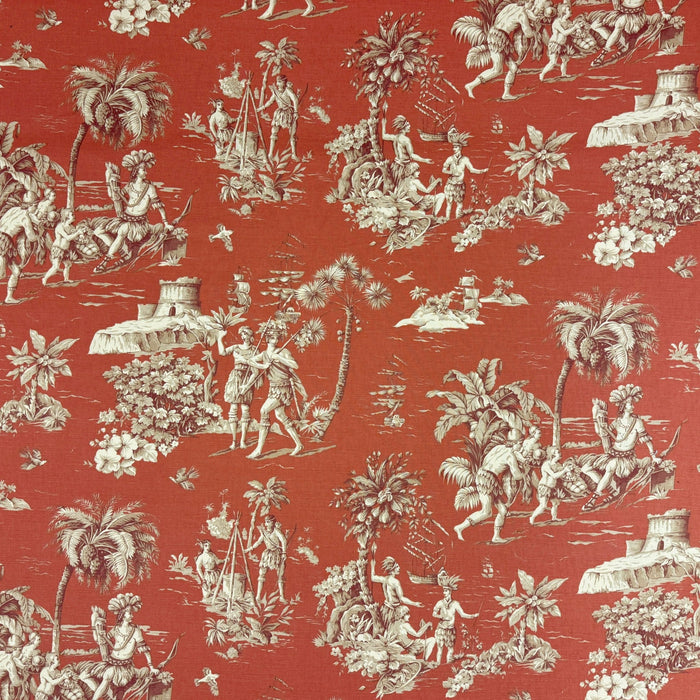 Tissu coton épais TOILE DE JOUY "LES AMERINDIENS", rouille rouge & écru - TissusPapi.com