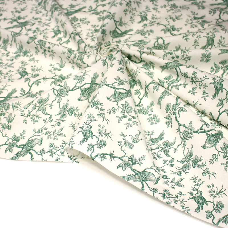 Tissu coton TOILE DE JOUY AUX MESANGES : bleu, vert - OEKO - TEX - TissusPapi.com