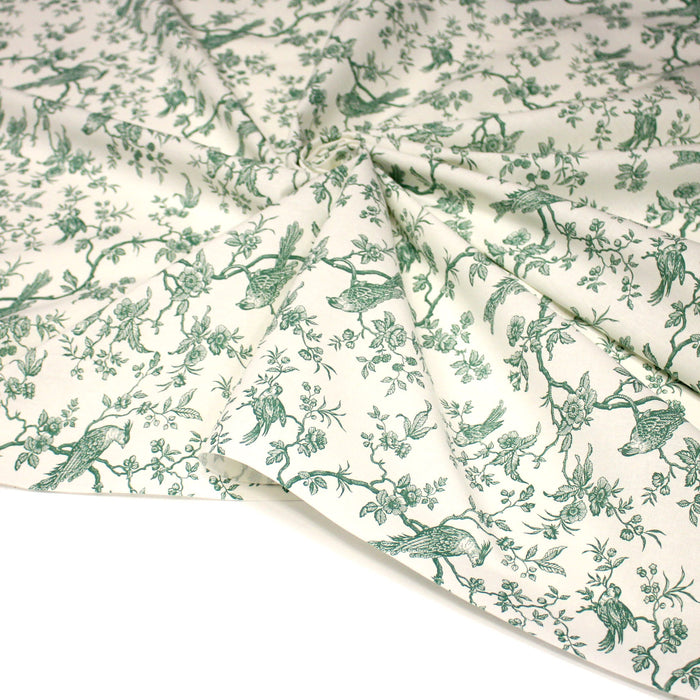 Tissu de coton toile de Jouy aux oiseaux mésanges, toile à drap grande largeur 280cm, fond écru & motif vert - OEKO-TEX