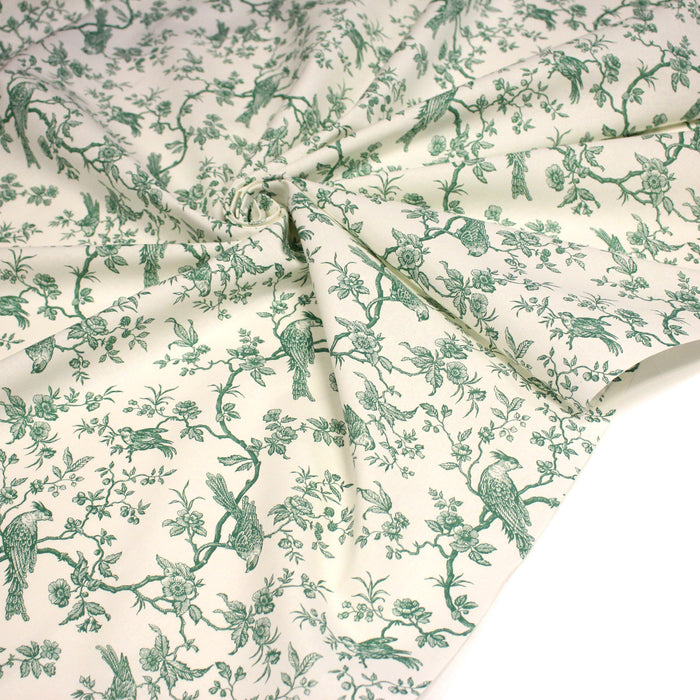 Tissu de coton toile de Jouy aux oiseaux mésanges, toile à drap grande largeur 280cm, fond écru & motif vert - OEKO-TEX