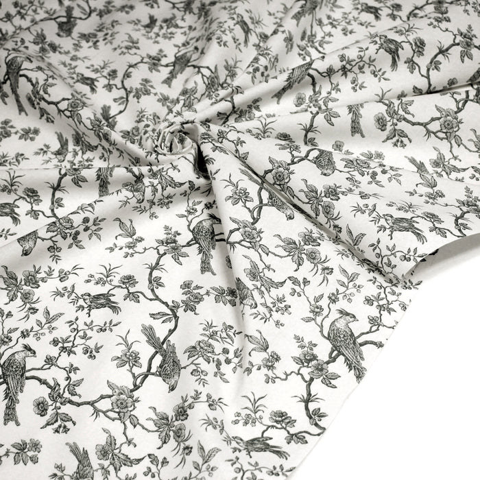 Tissu de coton toile de Jouy aux oiseaux mésanges, toile à drap grande largeur 280cm, fond écru & motif gris - Oeko-Tex