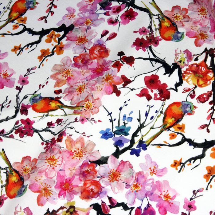Tissu popeline de coton motif jardin japonais GUNMA GRAND aux oiseaux et fleurs de cerisier