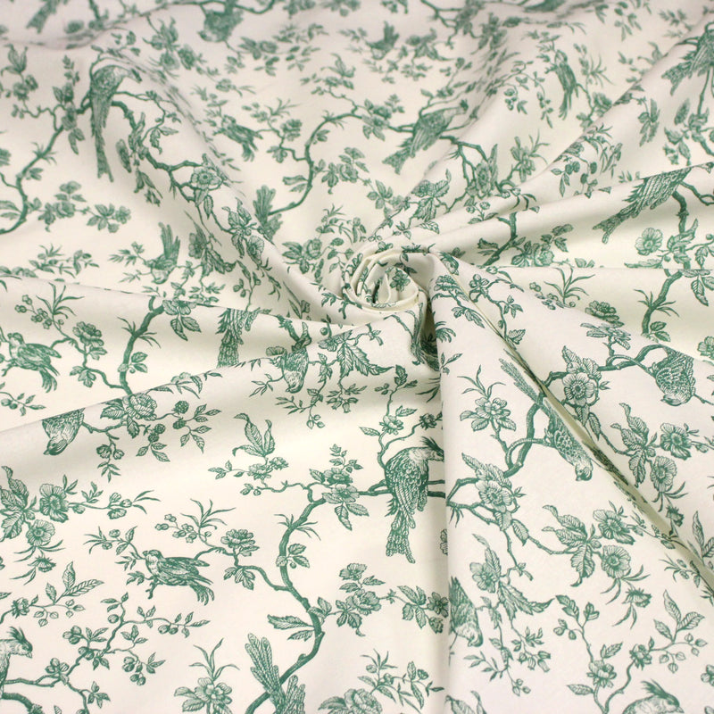 Tissu coton TOILE DE JOUY AUX MESANGES : bleu, vert - OEKO - TEX - TissusPapi.com