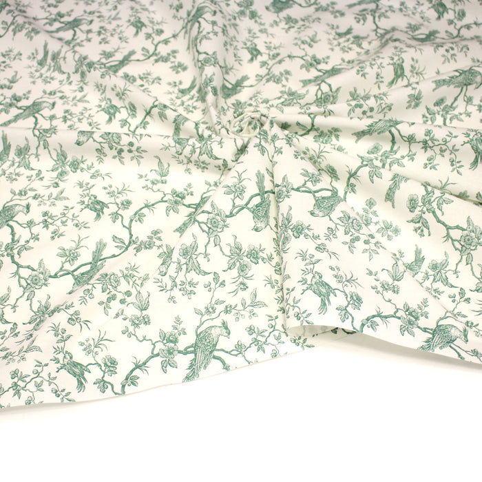 Tissu de coton toile de Jouy aux oiseaux mésanges, toile à drap grande largeur 280cm, fond écru & motif vert - OEKO-TEX