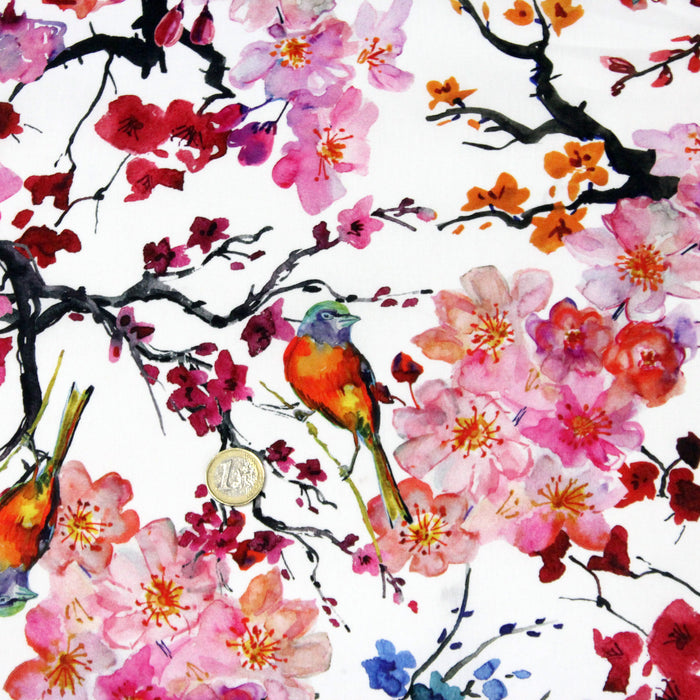 Tissu popeline de coton motif jardin japonais GUNMA GRAND aux oiseaux et fleurs de cerisier
