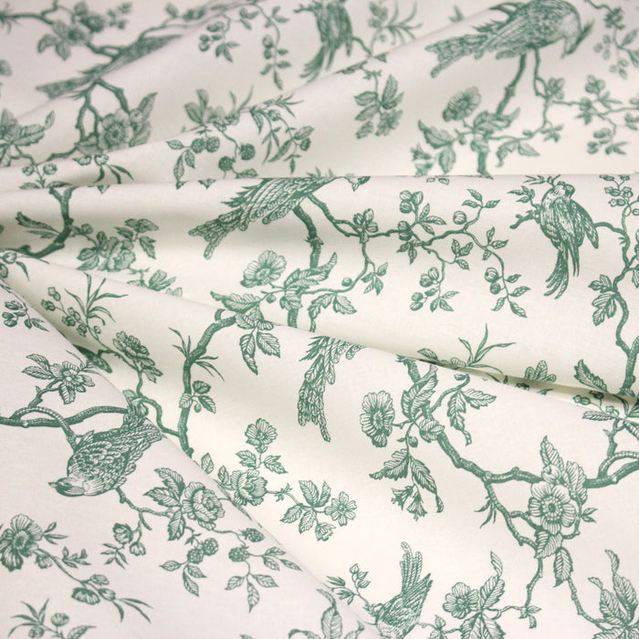 Tissu de coton toile de Jouy aux oiseaux mésanges, toile à drap grande largeur 280cm, fond écru & motif vert - OEKO-TEX