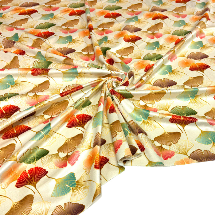 Tissu Velours ras imprimé écru motifs japonais feuilles de gingko biloba multicolores - OEKO-TEX