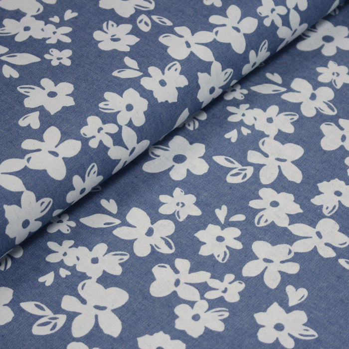 Tissu Chambray de coton bleu aux fleurs blanches - OEKO-TEX