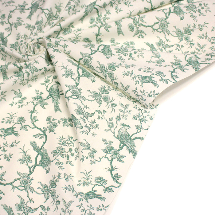 Tissu de coton toile de Jouy aux oiseaux mésanges, toile à drap grande largeur 280cm, fond écru & motif vert - OEKO-TEX