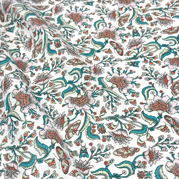 Tissu coton KALAMKARI aux fleurs indiennes roses et rouille, grande largeur 280cm