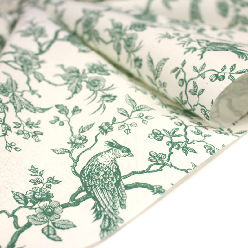 Tissu coton TOILE DE JOUY AUX MESANGES : bleu, vert - OEKO - TEX - TissusPapi.com