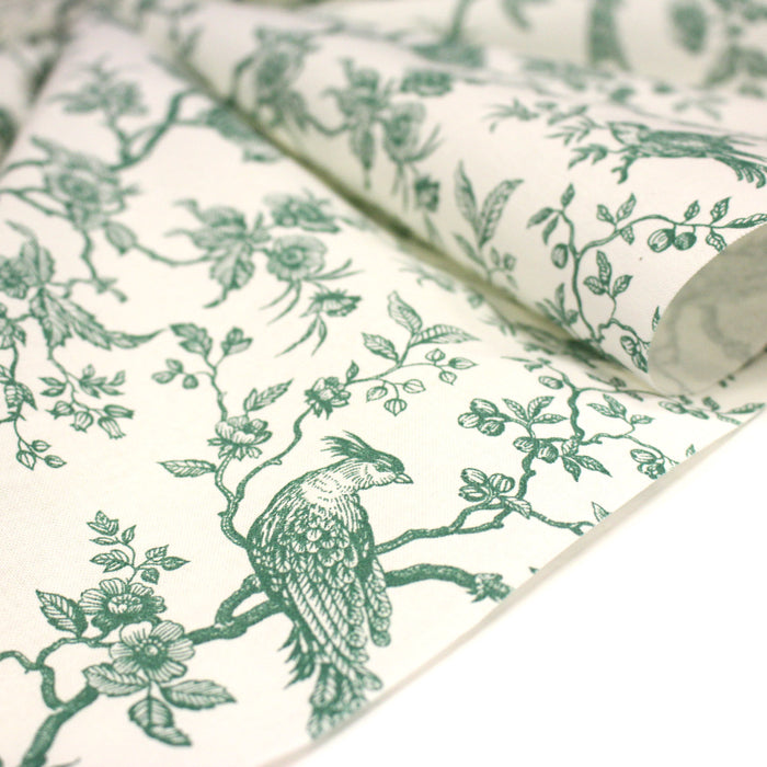 Tissu de coton toile de Jouy aux oiseaux mésanges, toile à drap grande largeur 280cm, fond écru & motif vert - OEKO-TEX