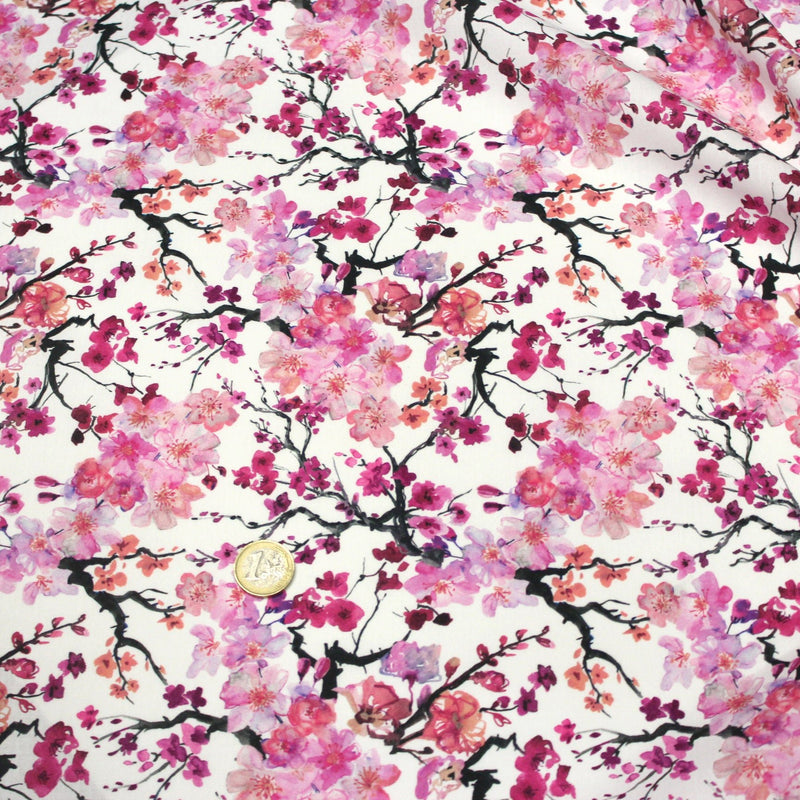 Tissu cotonnade SAKURA ROSE : jardin japonais aux fleurs de cerisier roses & fuchsia - TissusPapi.com