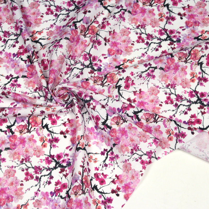 Tissu cotonnade SAKURA ROSE : jardin japonais aux fleurs de cerisier roses & fuchsia - TissusPapi.com