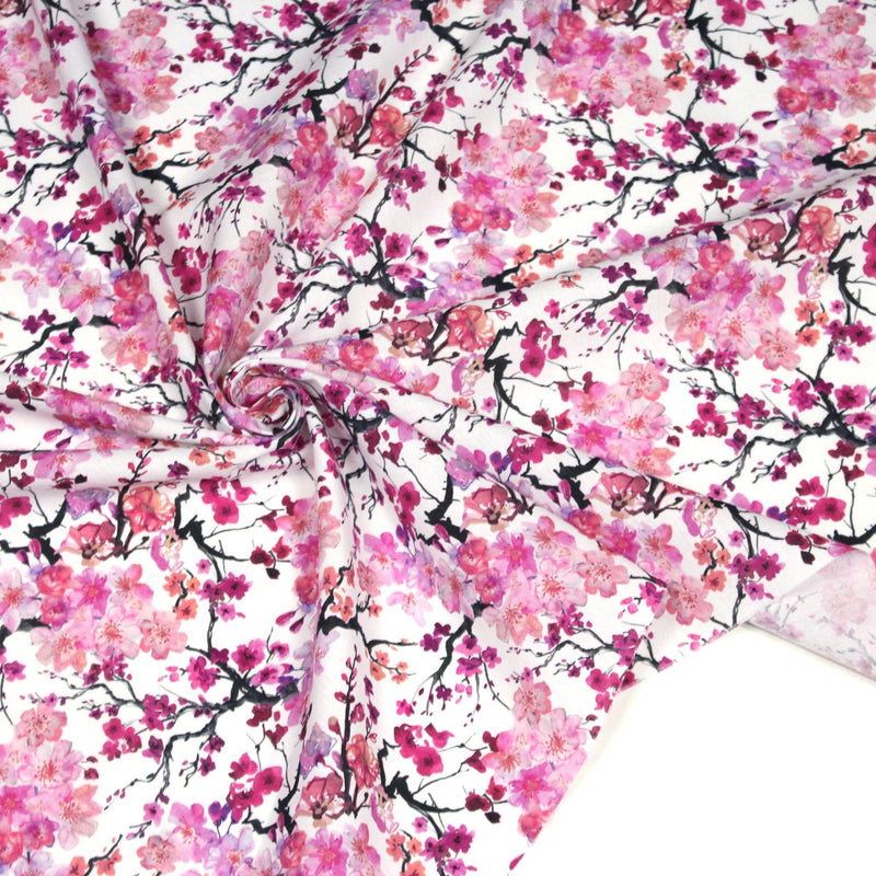 Tissu cotonnade SAKURA ROSE : jardin japonais aux fleurs de cerisier roses & fuchsia - TissusPapi.com
