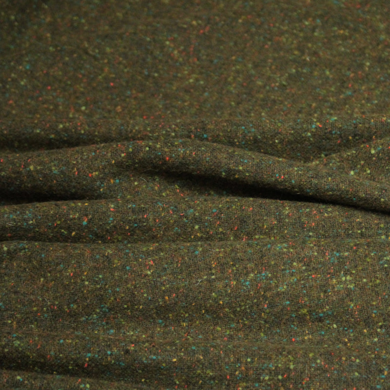 Tissu tweed laine, vert kaki aux touches multicolores - Fabrication française - TissusPapi.com