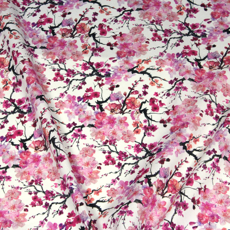 Tissu cotonnade SAKURA ROSE : jardin japonais aux fleurs de cerisier roses & fuchsia - TissusPapi.com