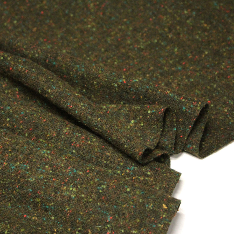 Tissu tweed laine, vert kaki aux touches multicolores - Fabrication française - TissusPapi.com