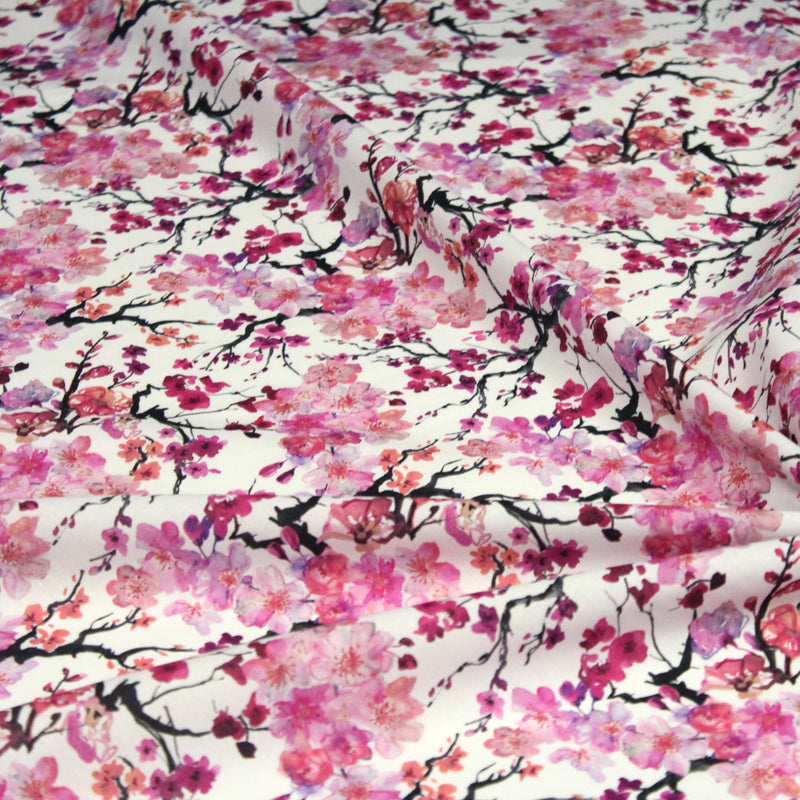 Tissu cotonnade SAKURA ROSE : jardin japonais aux fleurs de cerisier roses & fuchsia - TissusPapi.com