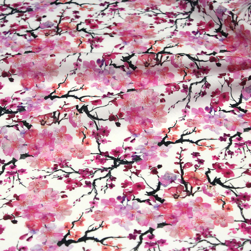 Tissu cotonnade SAKURA ROSE : jardin japonais aux fleurs de cerisier roses & fuchsia - TissusPapi.com