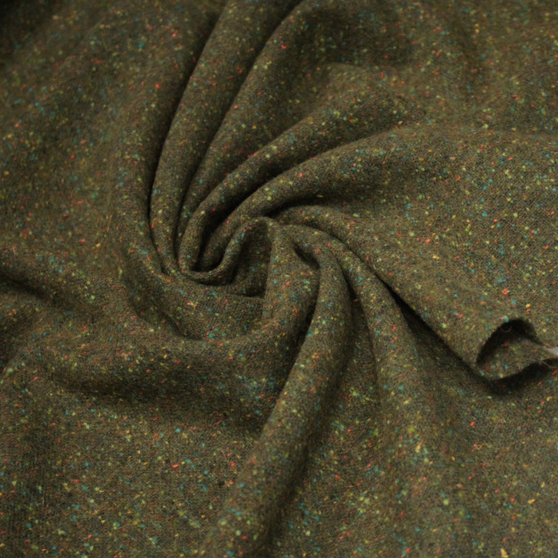 Tissu tweed laine, vert kaki aux touches multicolores - Fabrication française - TissusPapi.com